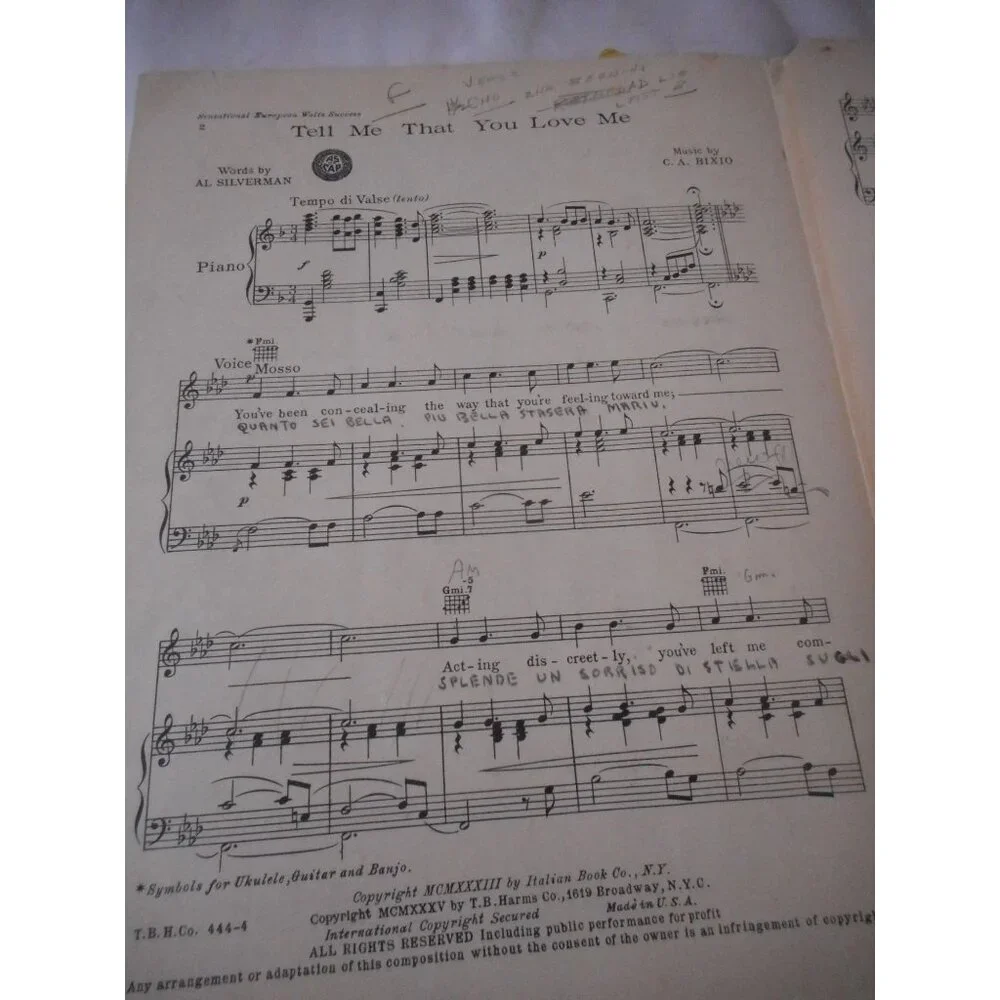 Vintage Sheet Music c 1933 Tell me that you love me waltz English Italian